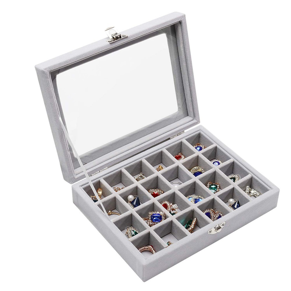 24-Grid Velvet Jewelry Organizer Box with Clear Stackable Lid