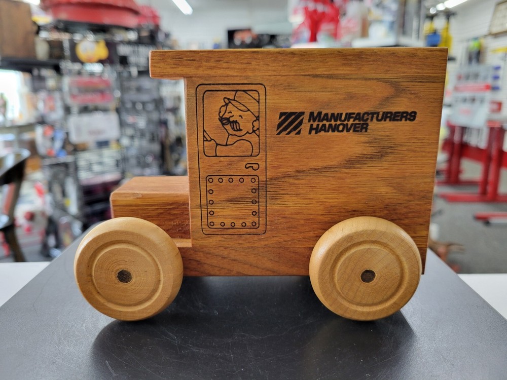 Vintage 1989 Logomibile Wooden Piggy Bank Advertising Manufacturers Hanover USA