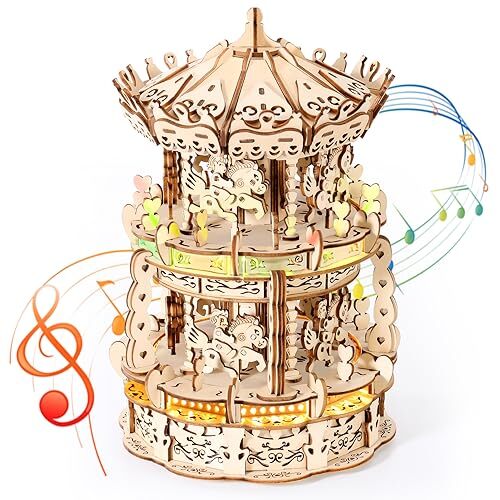 3D Wooden Puzzles for Adults LED Carousel - DIY Crafts Model Music Box