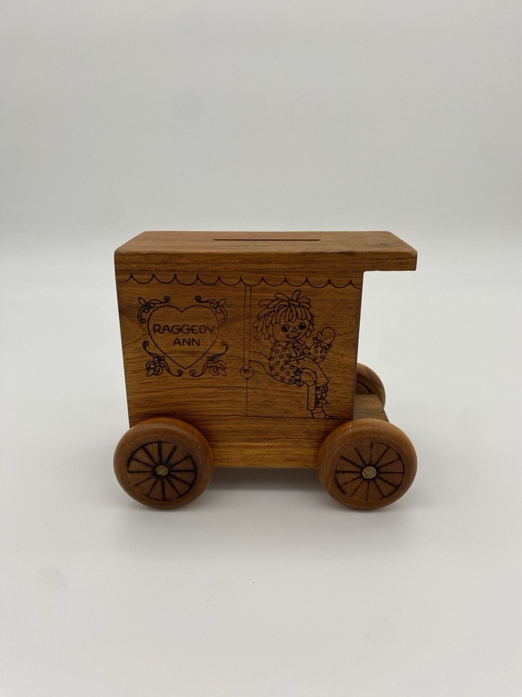 Vintage 1978 Raggedy Ann & Andy - Wood Coin Box Bank Includes Stopper