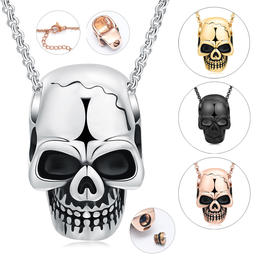 Stainless Steel Skull Cremation Urn Necklace for Ashes Keepsake