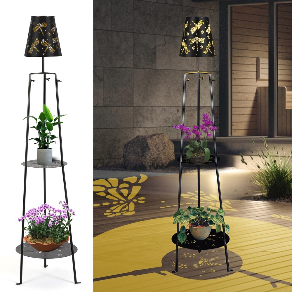 47.2'' Outdoor Metal Solar Floor Lamps with 2 Plant Stand Dragonfly Solar Lig...