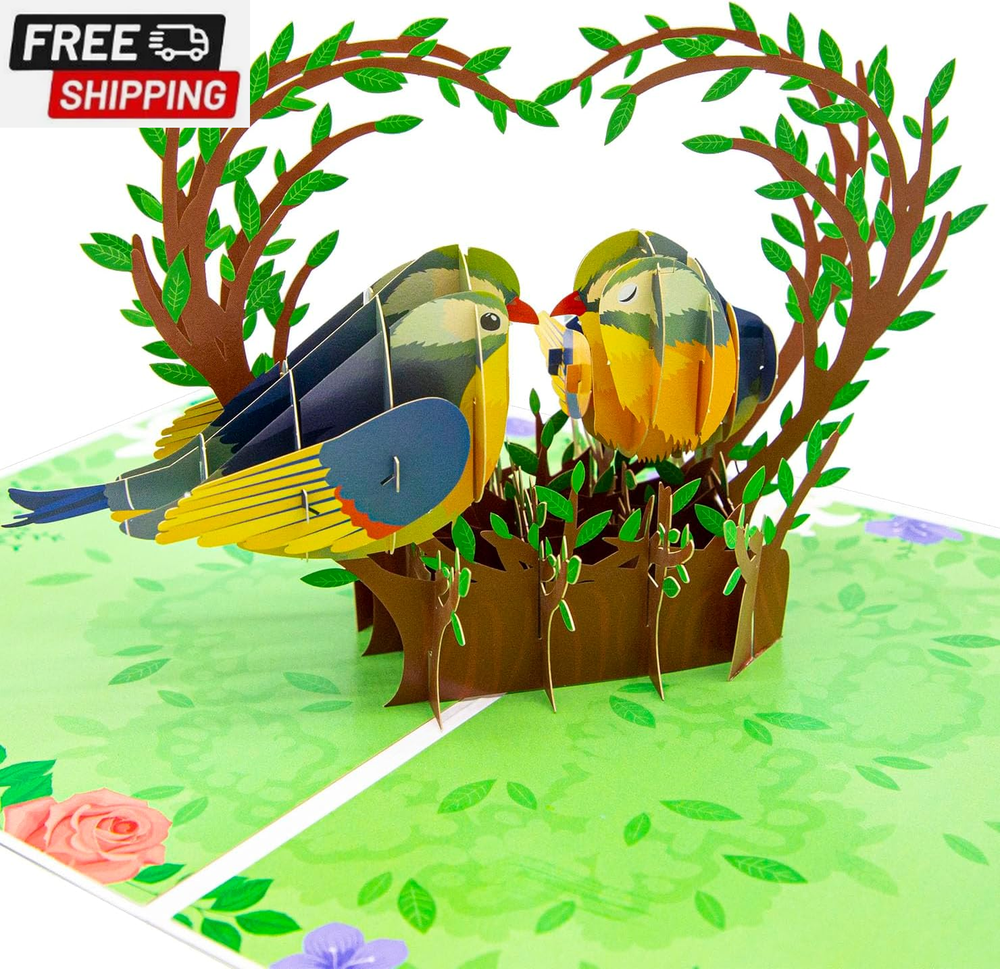 Love Birds Pop up Card, Couple Finches Kissing, Romantic Bird Card, 3D Greeting