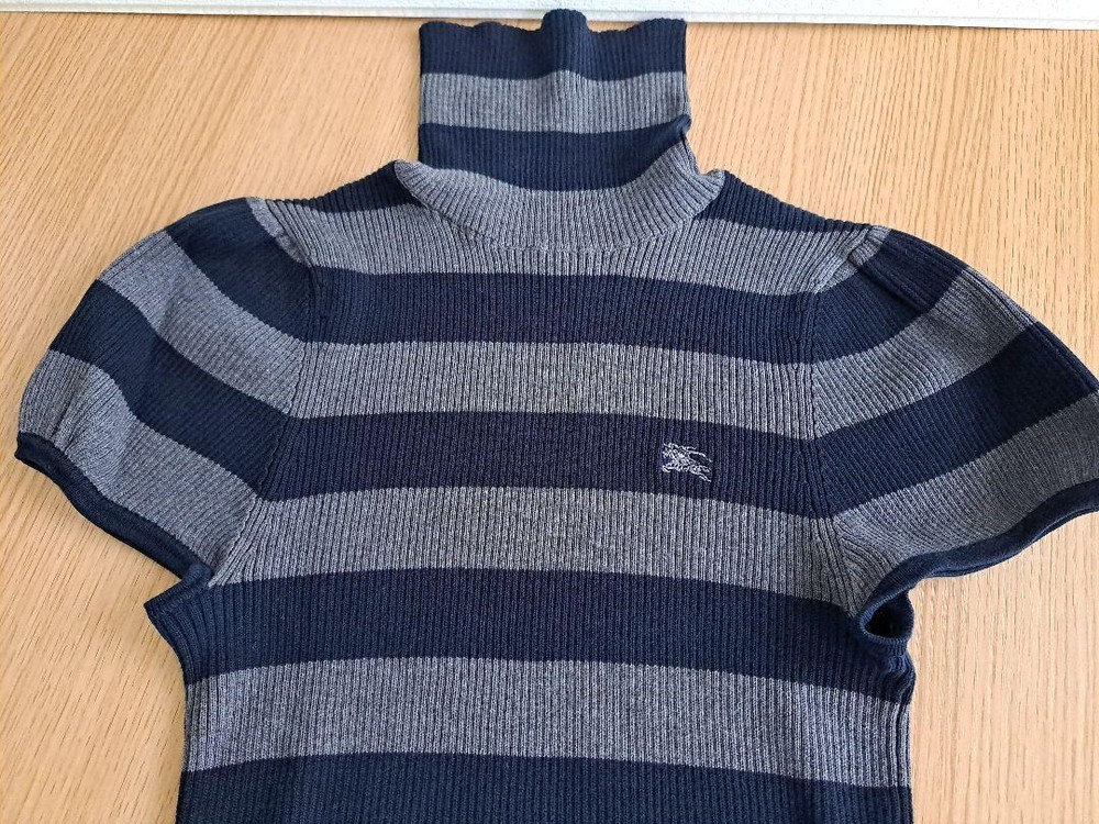 Burberry Blue Label Striped Cotton Knit 38, Navy Gray, Short Sleeve, New