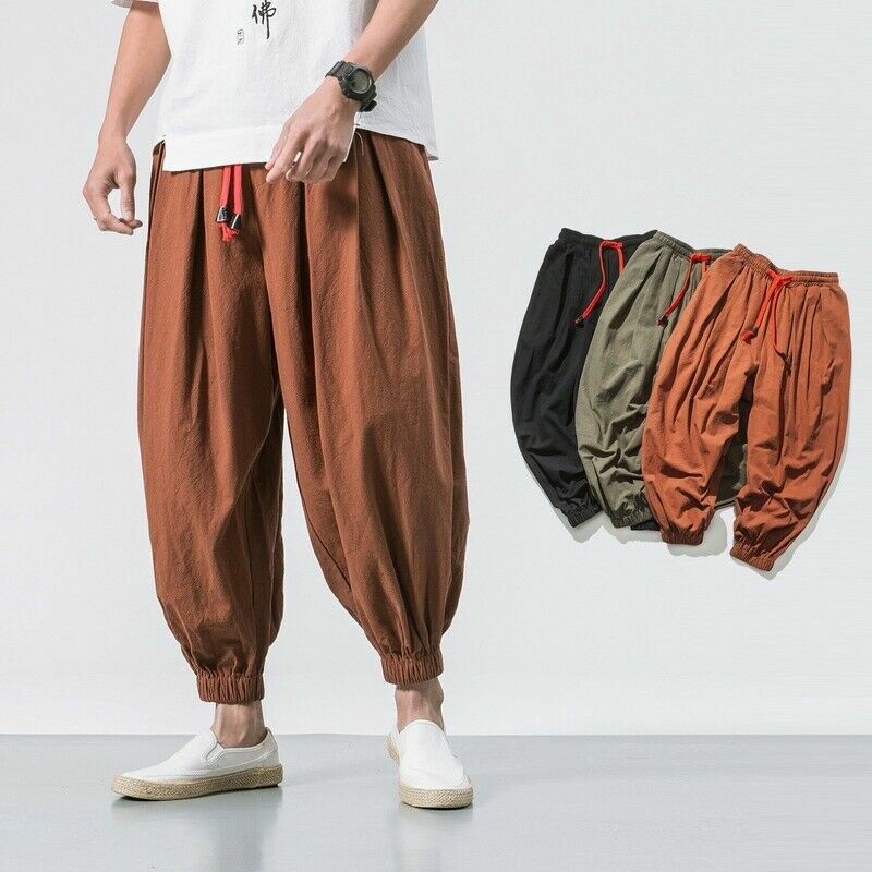 Men's Loose Linen Harem Pants Casual Hippie Trousers Black Long Retro Style