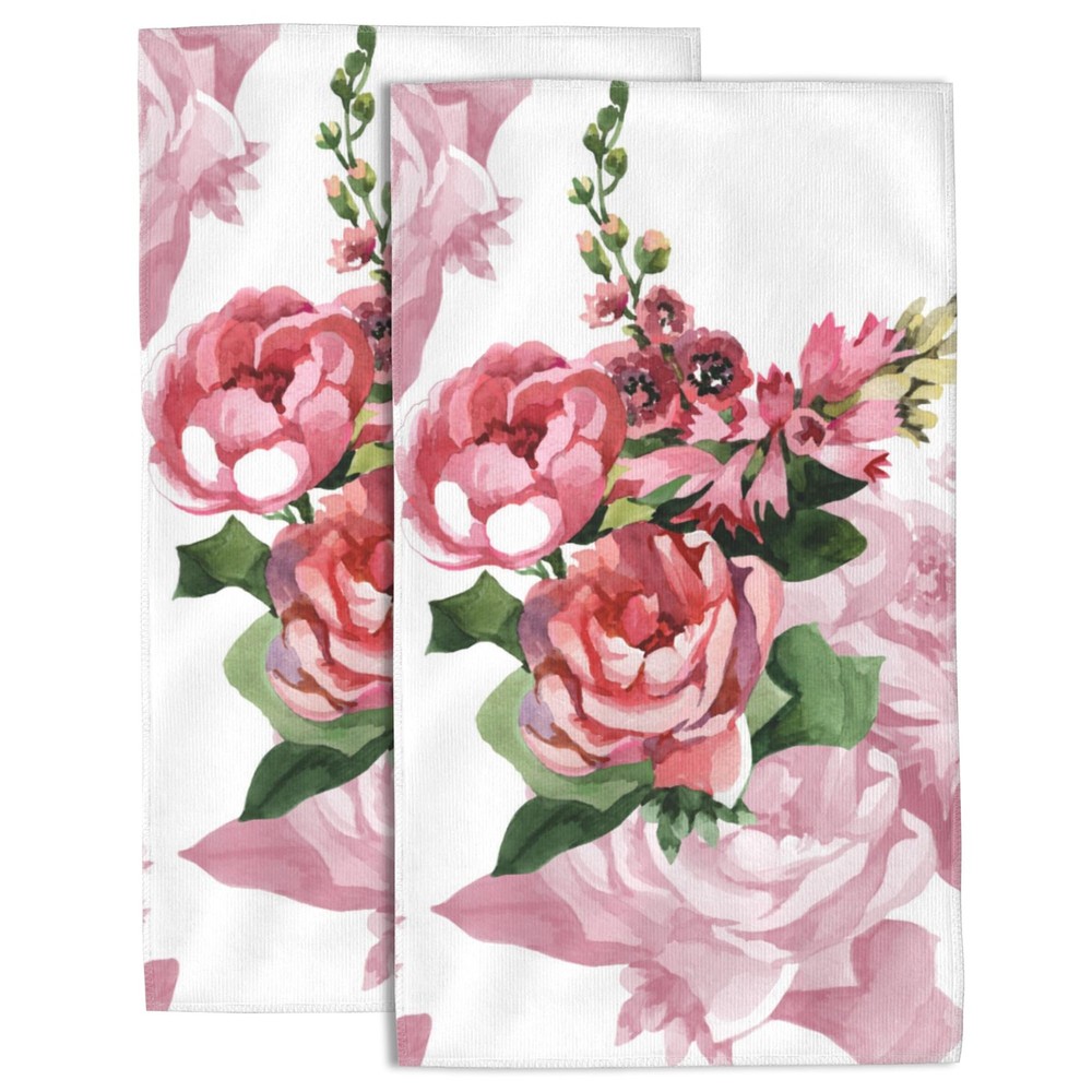 Pink Roses Hand Towel Set of 2 Soft Absorbent Bathroom Towels