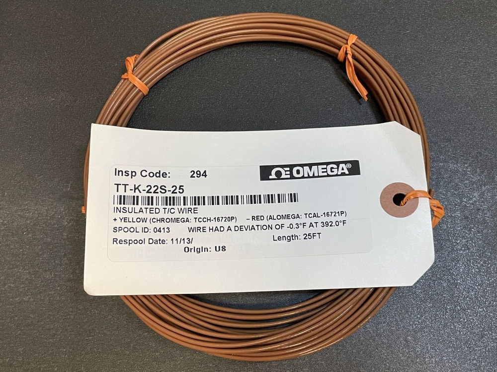 Omega TT-K-22S-25 Thermocouple Wire, Duplex, Insulted, Type K, 22 AWG, 25 ft.