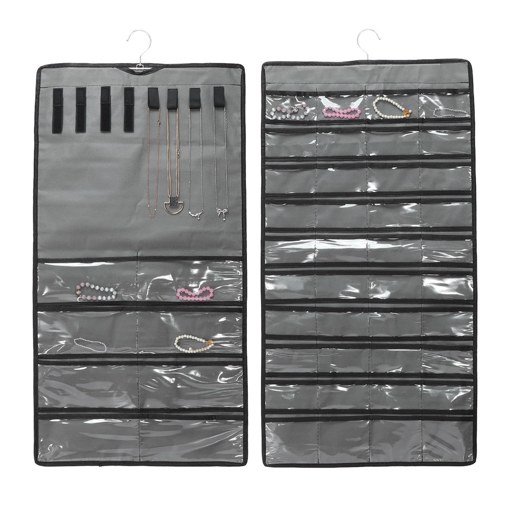 Dual-sided Hanging Jewelry Organizer with 48 Pockets and 8 Hook Loops Grey