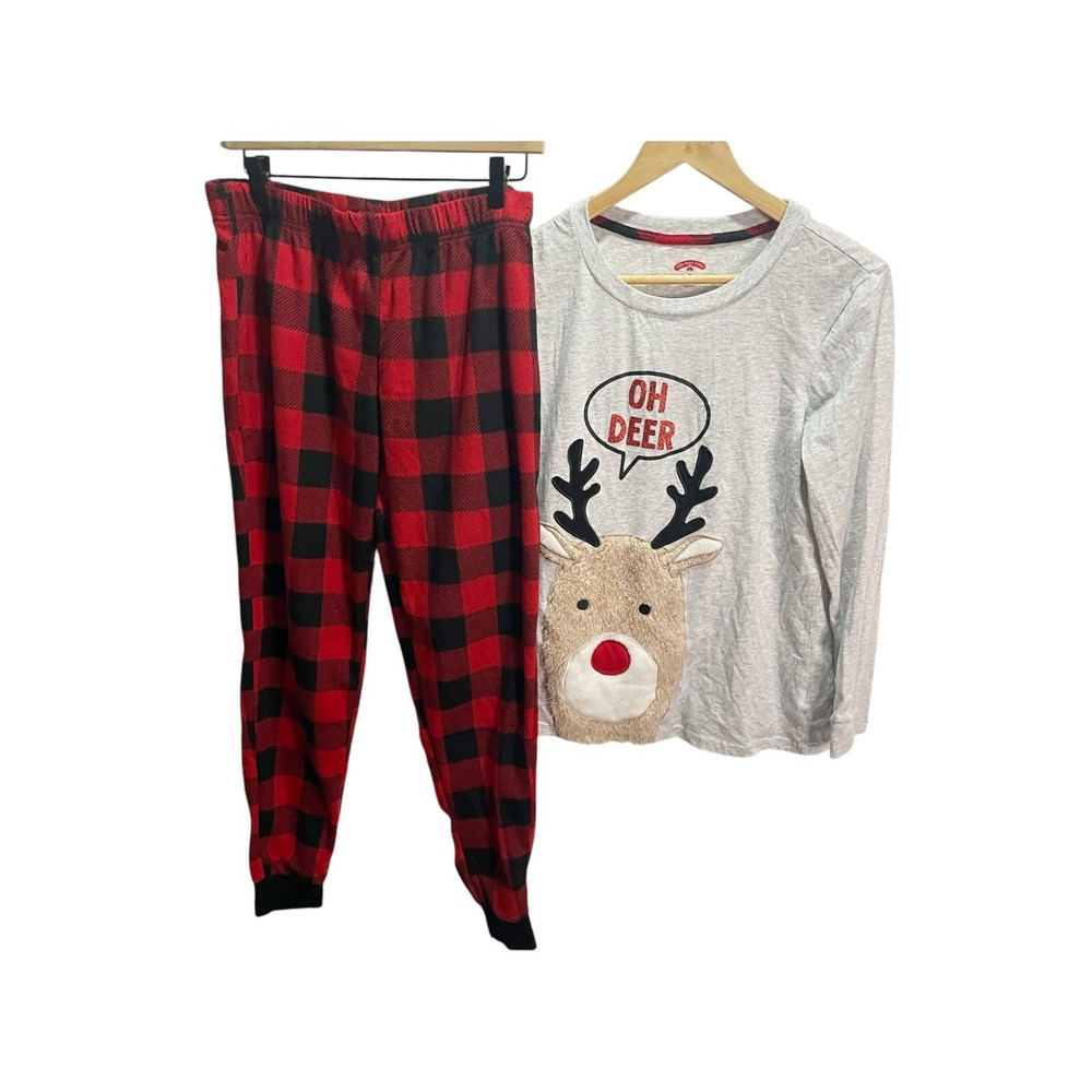 Holiday Time Pajamas Ladies M Buffalo Plaid Christmas Top Bottom Set Reindeer