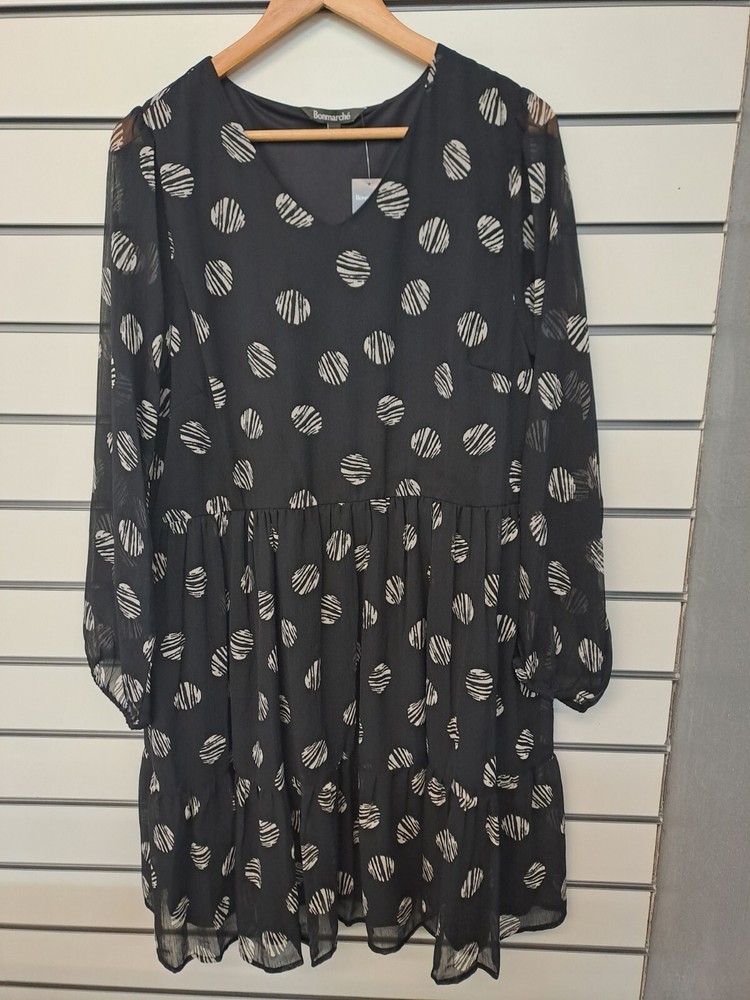 Bonmarche Black Chiffon Circle Print Dress Size 26 Ref 35