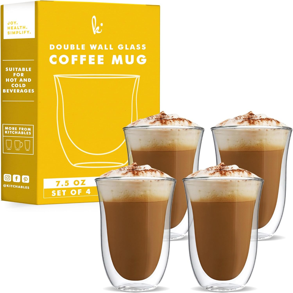 Double Walled Glass Coffee Mugs Set of 4, 7.5Oz - Insulated Clear Coffee Mug for