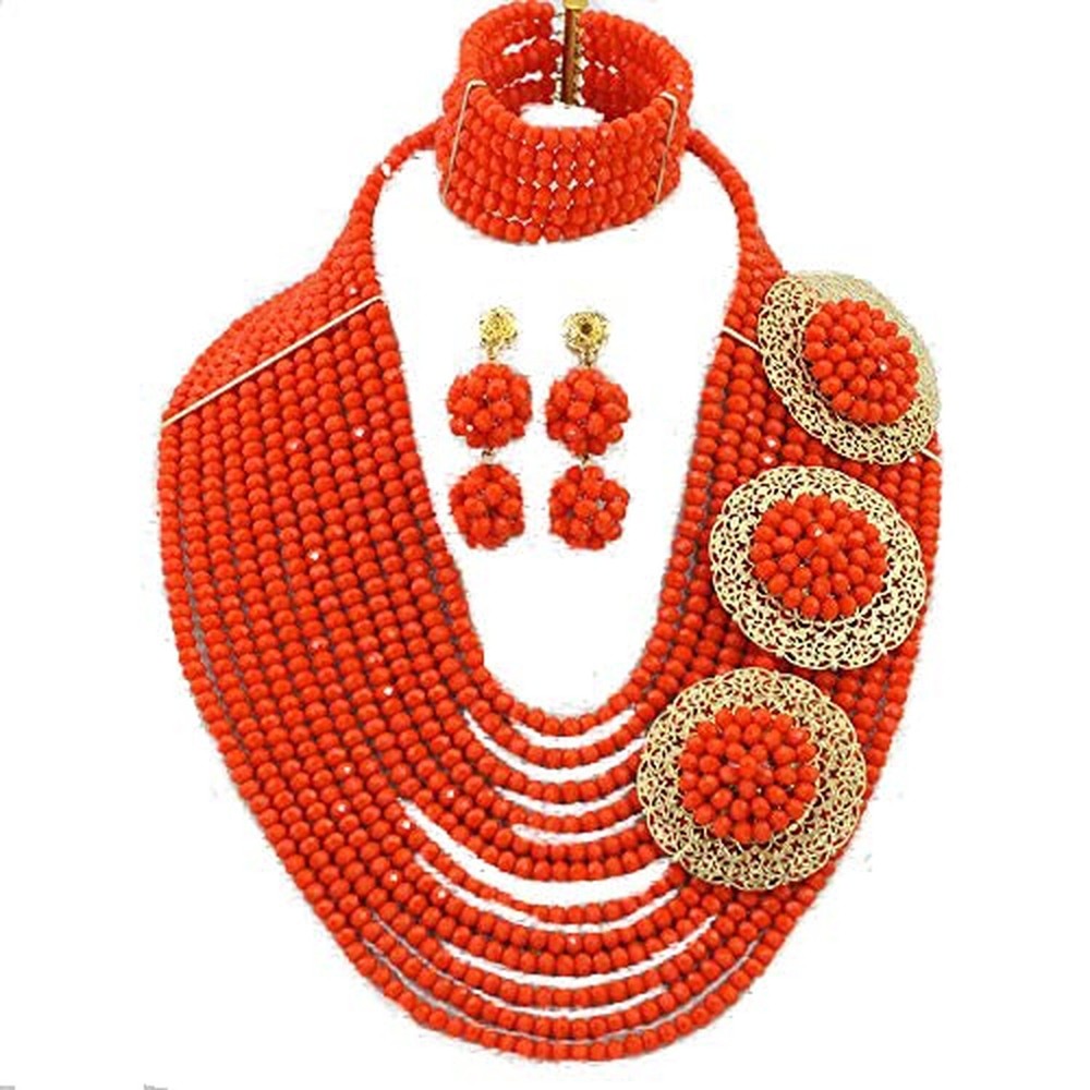 12 Rows 6mm Nigerian Wedding Beads Necklace Orange Crystal African Jewelry Set