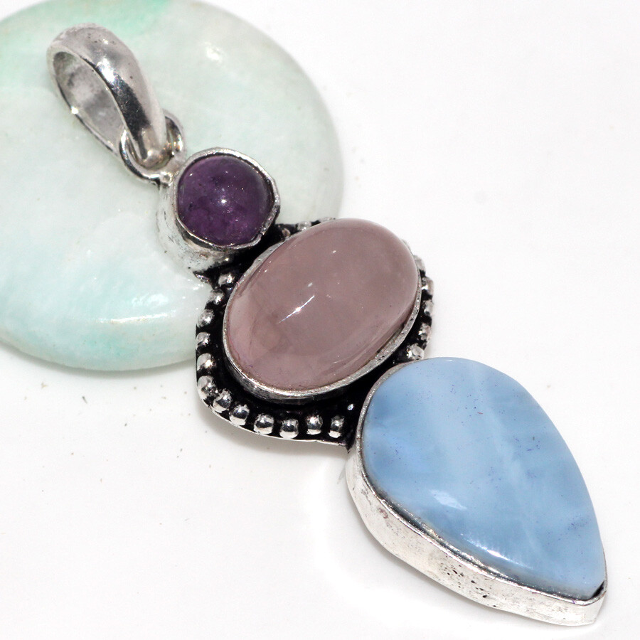 Owhyee Blue Opal Rose Quartz Jewellery Pendant Handmade Gemstone Size 2