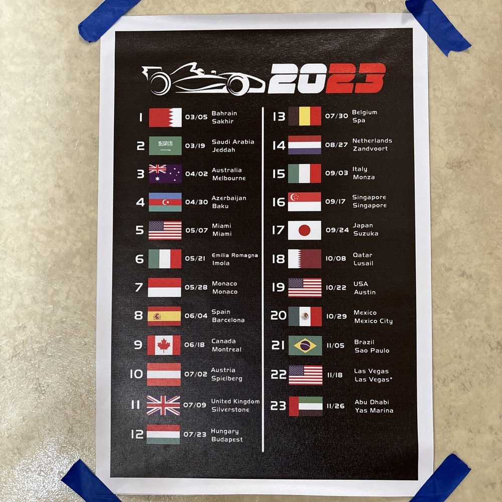 Formula 1 Calendar 2023 Race Car ✅ Poster Canvas Wall Art ✅ 12x18 inch ✅ New