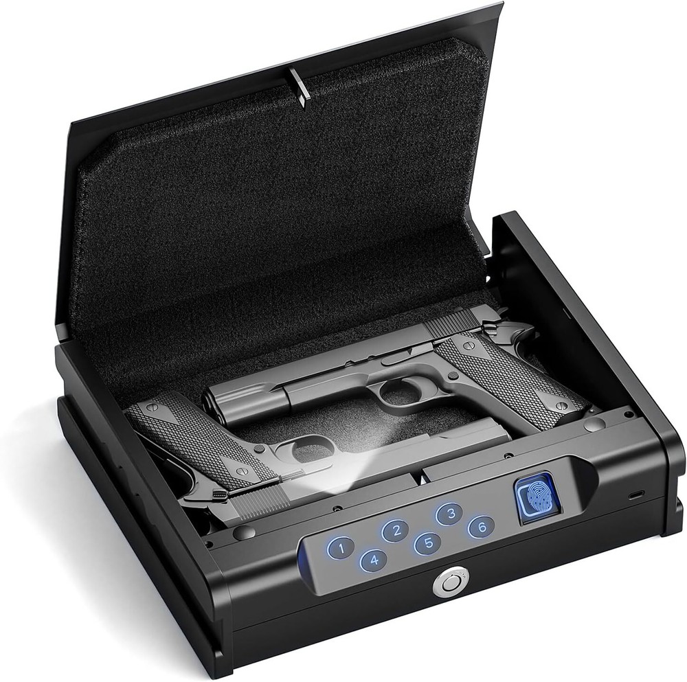 Biometric Gun Safe for Pistols with Fingerprint Keypad and Key Access-image