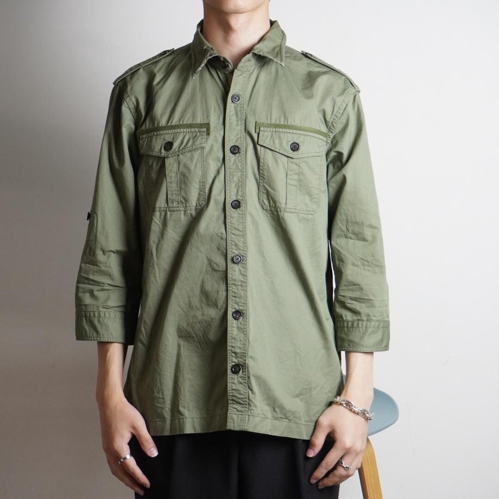 BURBERRY BLACK LABEL Long Sleeve Work Shirt Khaki Military Men Size 3/M-L Used