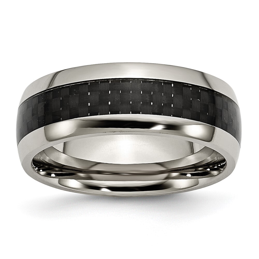 Titanium Polished with Black Carbon Fiber Inlay 8mm Band Ring Size 8