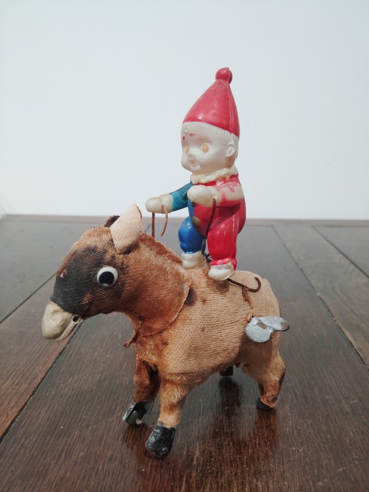 Vintage Mechanical Wind Up Donkey And Clown Toy