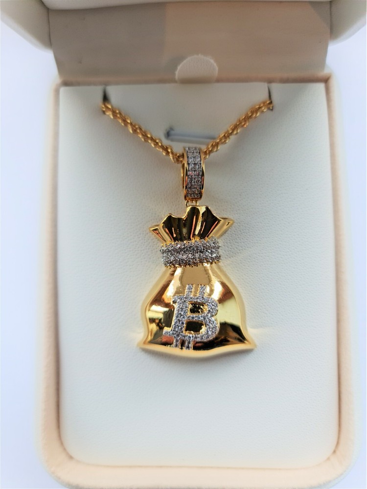 Bitcoin Cryptocurrency Pendant Necklace Gold Plated - Bitcoin B Sack with Zircon-image