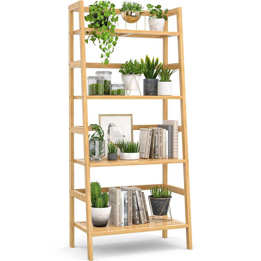 Homykic Bamboo Bookshelf 4-Tier Ladder Shelf, 49.2” Freestanding Open Bookcas...