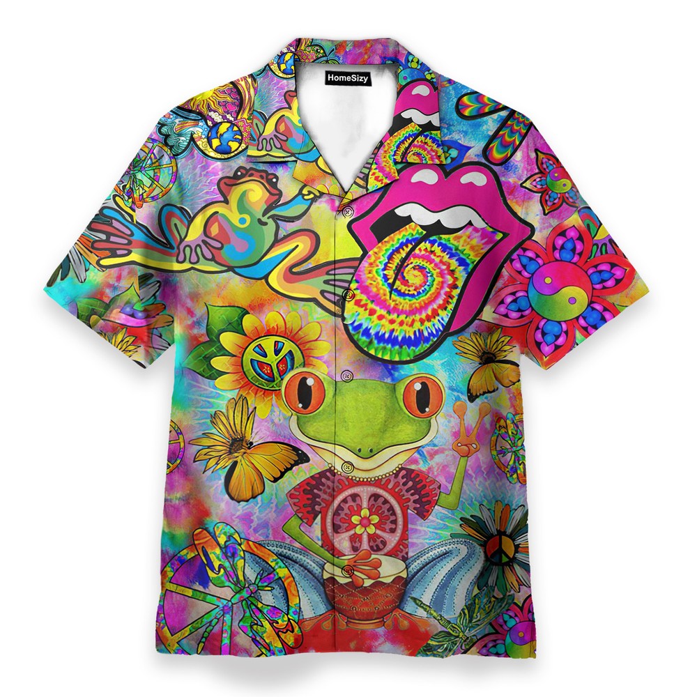 Hippie Colorful Frog Mens Buttons Up Shirts   Hawaiian Shirt