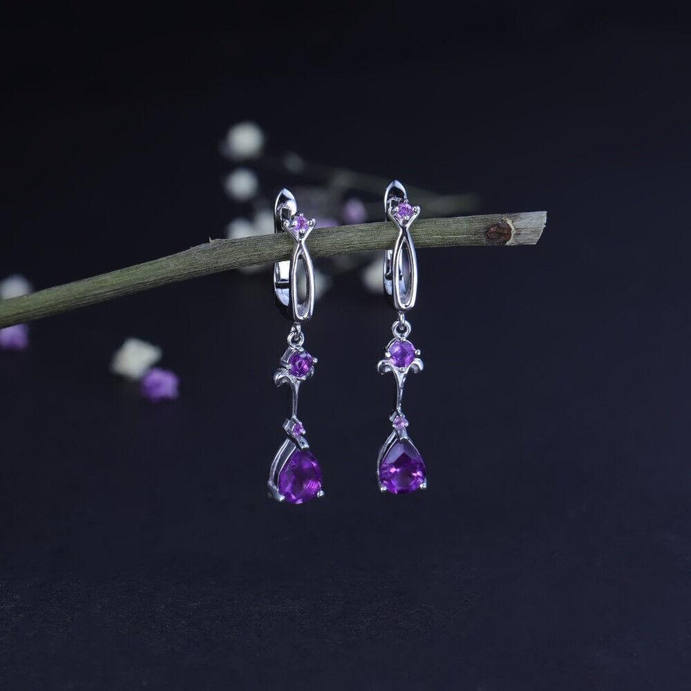 Natural 2.87Ct Amethyst 925 Sterling Silver Handmade Vintage Drop Earrings