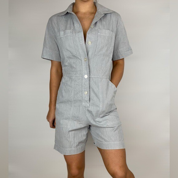 EVERLANE The Cotton Weave Romper Blue Stripe Short Sleeve