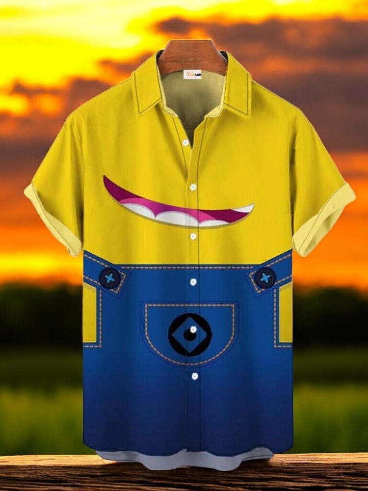 Minions Cartoon Costume with Denim Hawaiian Shirt for Kids and Adults Costume Party Fun