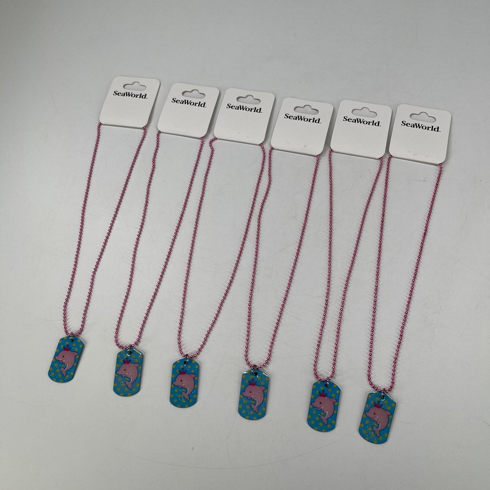 SeaWorld Princess Dolphin Girl's Silver Pink Dog Tag Necklace Set Of 6 Kids NEW