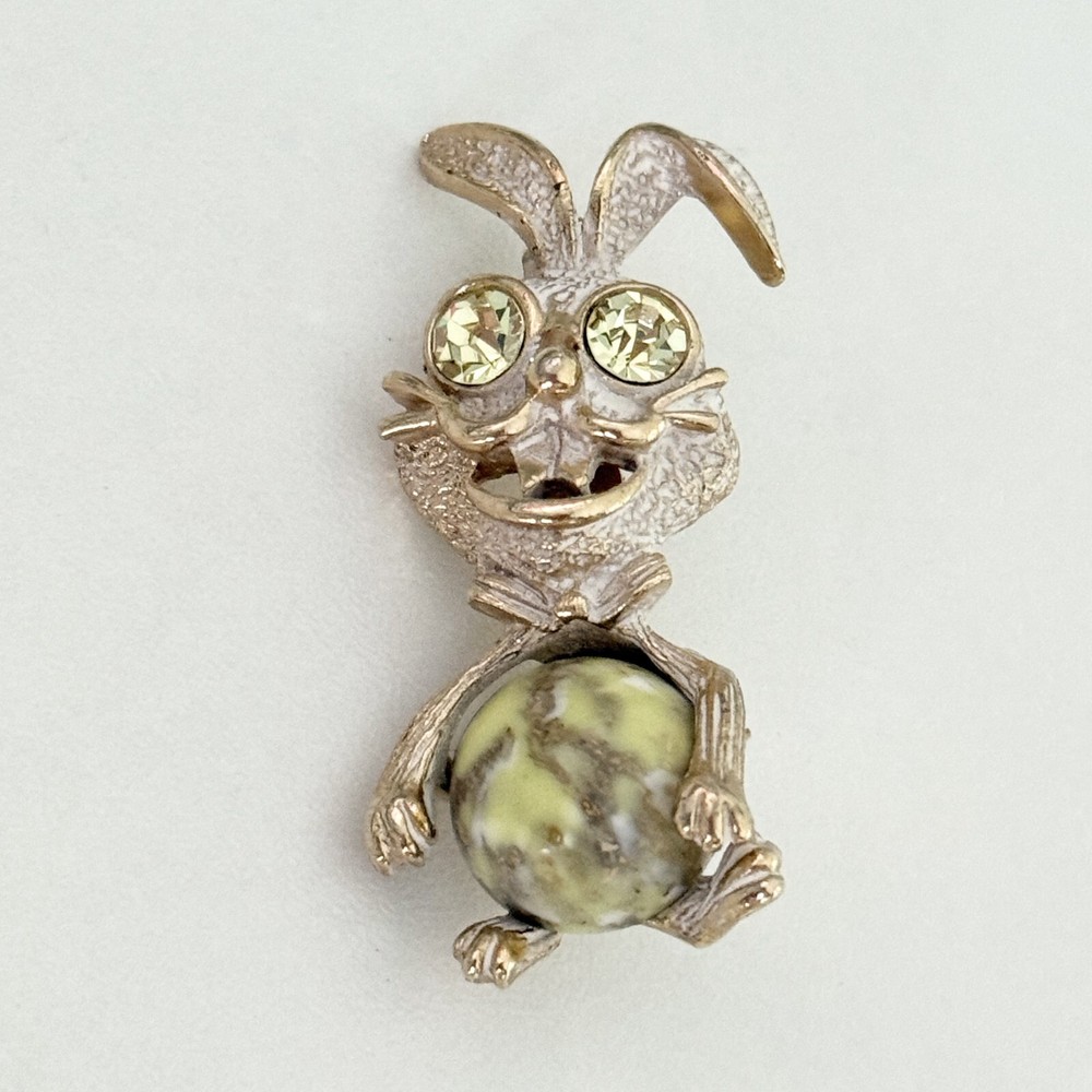 Vintage Green-Eyed Bunny Rabbit Jelly Belly Stone Brooch Pin