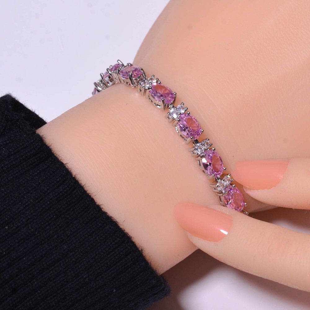 Pink Sapphire & CZ Simulated 925 Sterling Silver Tennis Bracelet 7.99