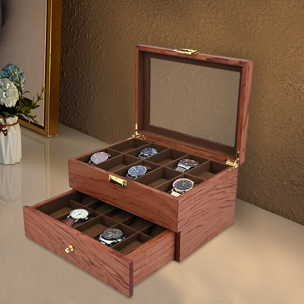 20-Slot Rosewood Watch Display Case with Jewelry Storage Tray