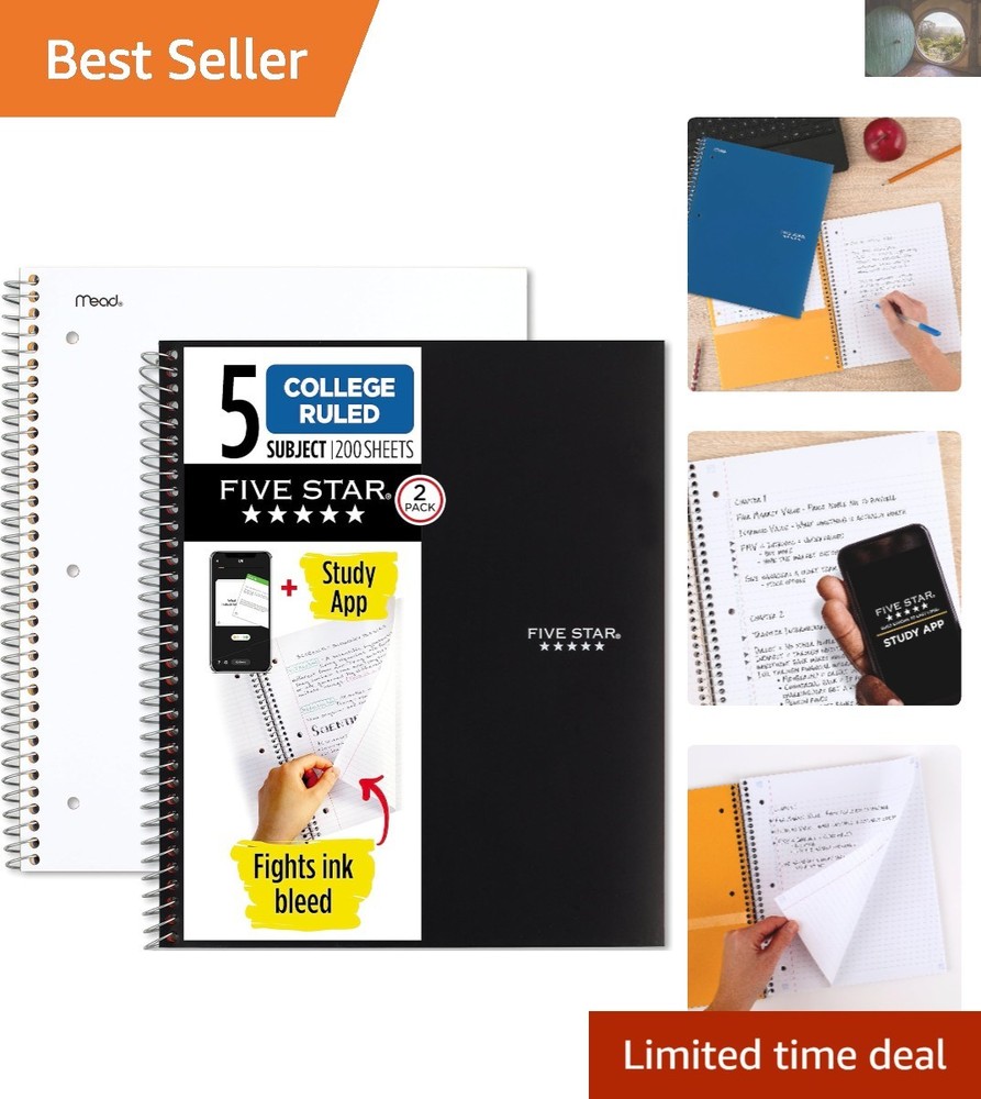 Luxury 5-Subject Spiral Notebook with Study App - 200 Sheets in Black & White