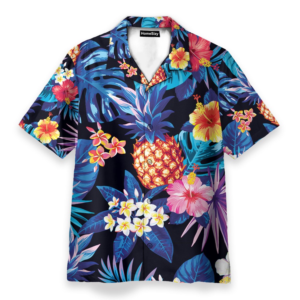 Neon Pineapple With Tropical Flowers   Hawaiian Shirt