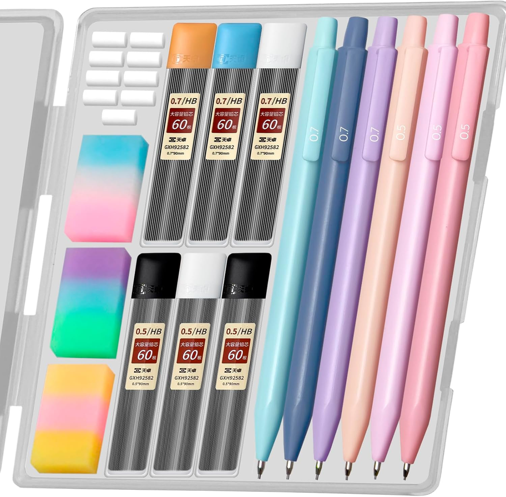 Cute Pastel Mechanical Pencil Set - 6PCS Mechanical Pencils 0.5 & 0.7mm, 6 Tubes