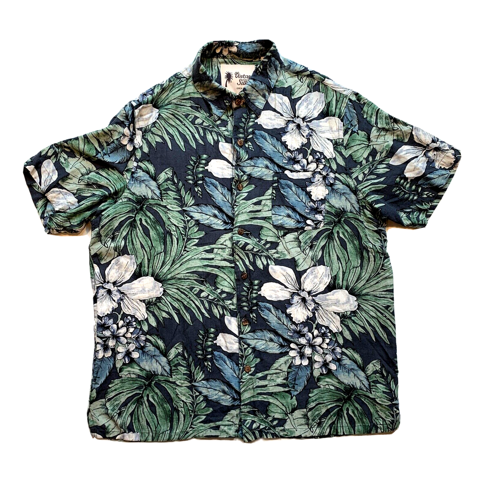 Vintage Silk Hawaiian Shirt Mens L Silk Linen Tropical Floral Short Sleeve Beach