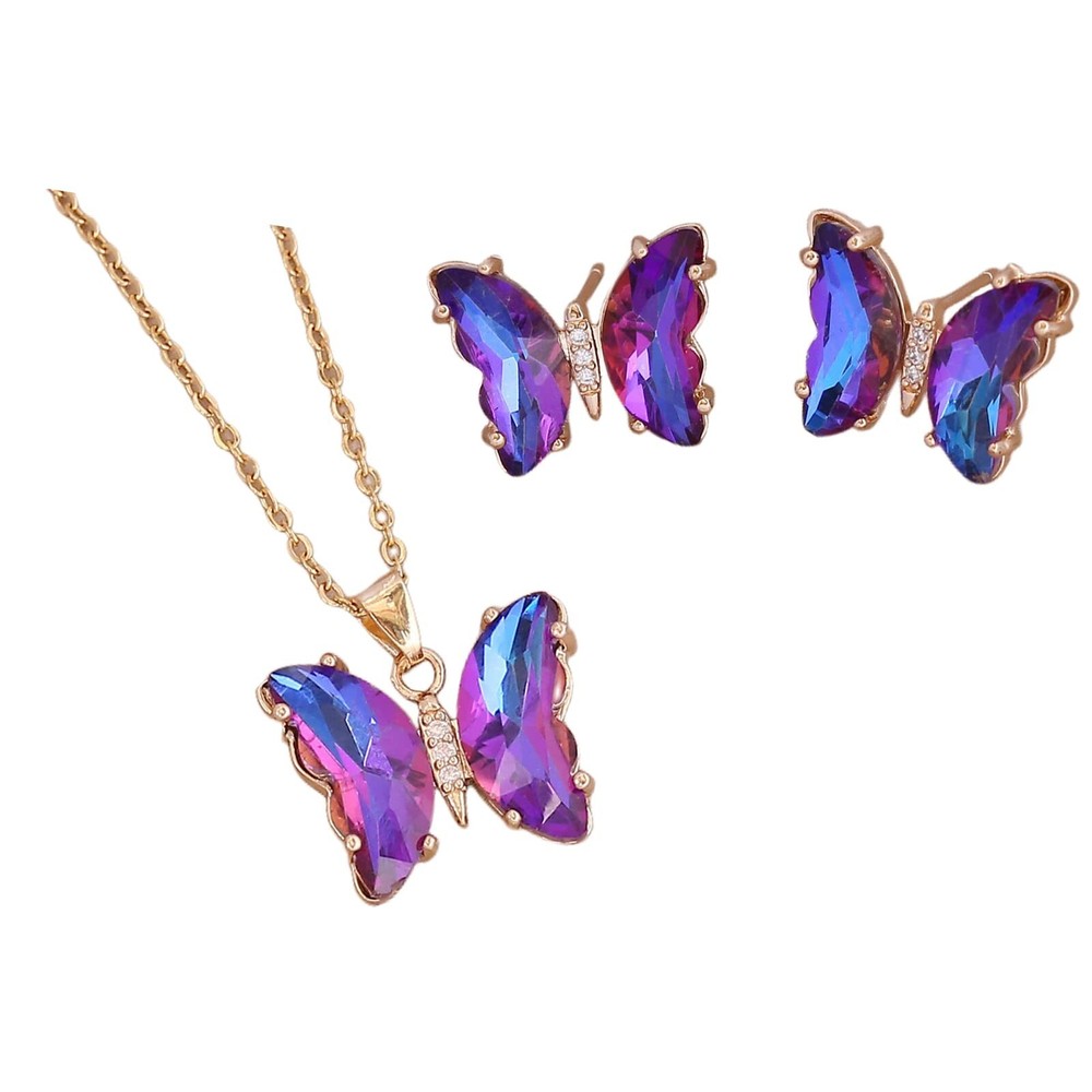 tenghong2021 Butterfly Necklace Earrings Minimalist Cubic Zircons Gold Butter...