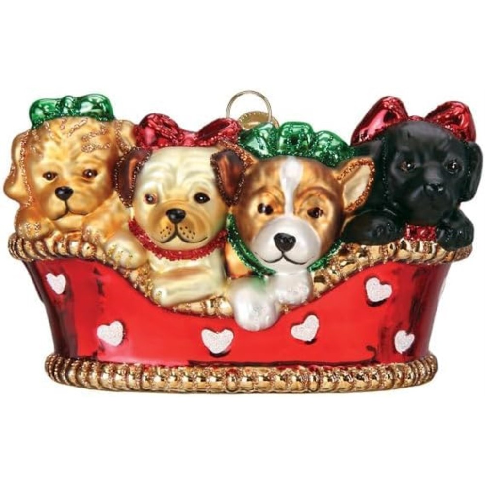 Old World Christmas Puppies in Basket Glass Hanging Ornament with Free Box