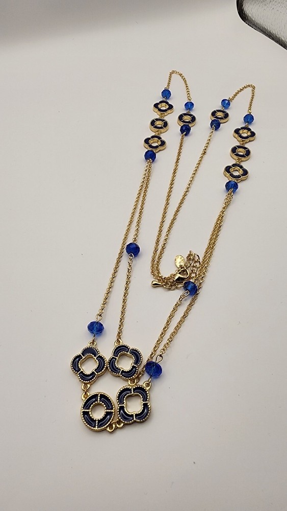 Black open clover & circle pendant necklace with gold tone chain - FREE SHIPPING