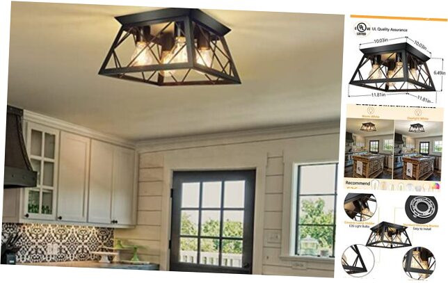 4-Light Black Flush Mount Ceiling Light for Kitchen Hallway, Industrial Close