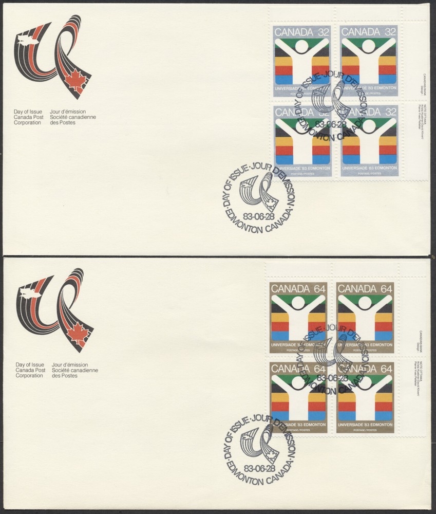 1983 #981-982 World University Games FDCs, UR Plate Blocks, CPC Cachets