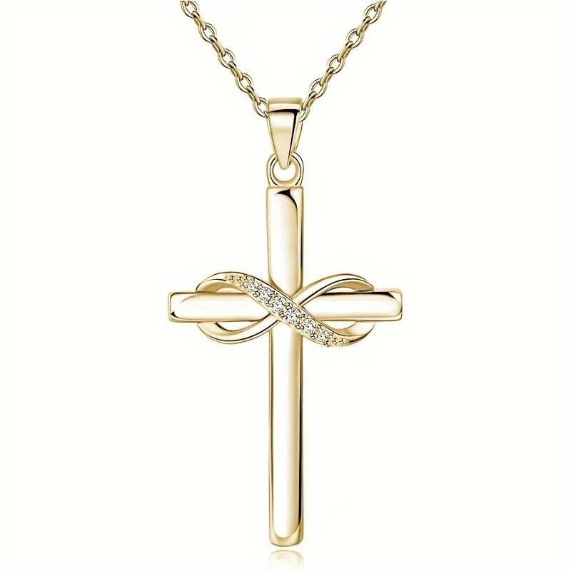 Golden Infinity Cubic Zirconia Cross Necklace Pendant Adjustable to 18 3.4