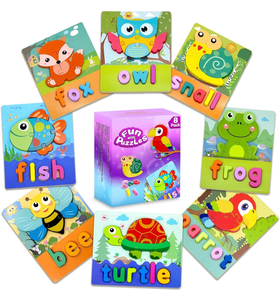 AIZIYUO Animal Wooden Puzzles with Letters Spelling Montessori Toys for Toddl...