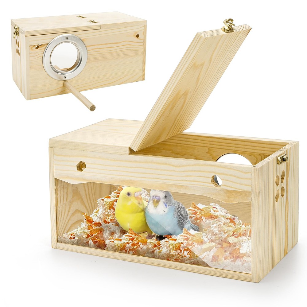 Visual Parakeet Nesting Box - Premium Pine Wood with Perch & Clear View Panel-image