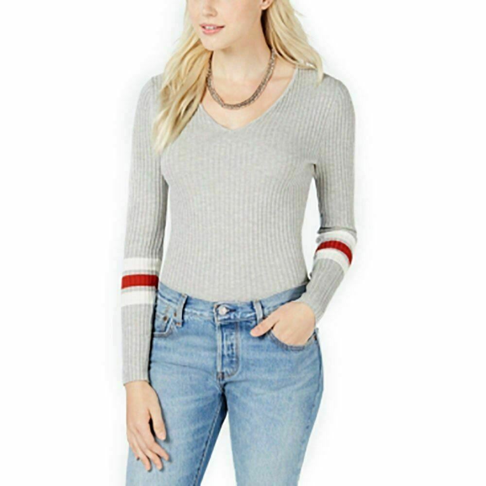 Hooked Up by IOT Juniors' Lace-Up Varsity-Stripe Sweater Lite Grey Heather-image