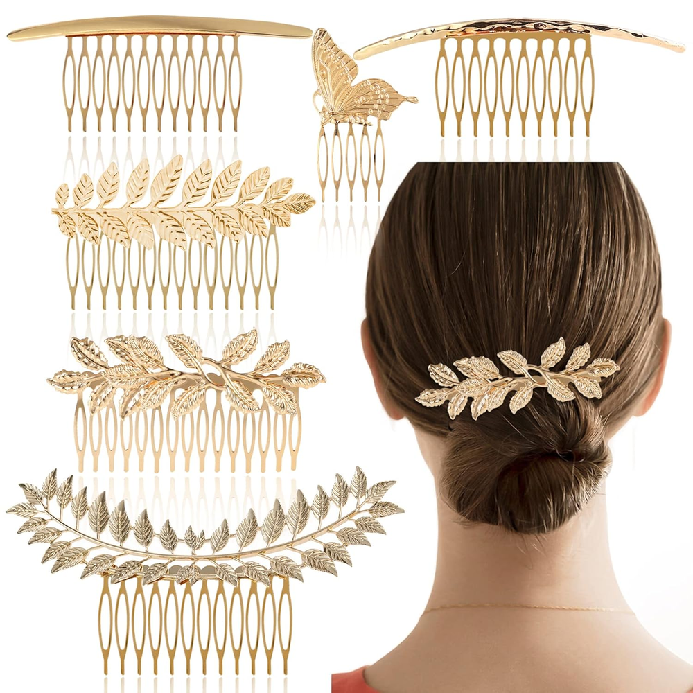 6 Pack Vintage Hair Side Combs Metal for Women Girl, Bridal Leaf Decorative Clip