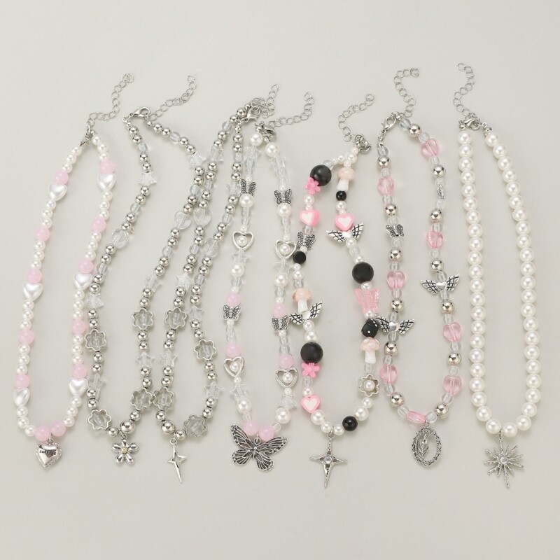 Elegant Heart Crosses Pendant Necklace Imitation Pearl Beaded Neckchain for