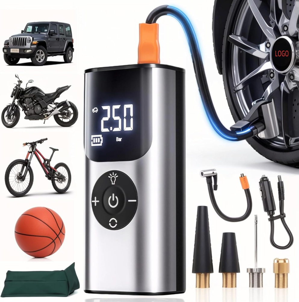 Portable Cordless Tire Inflator with Light, 150PSI Electric Air Compressor Pump