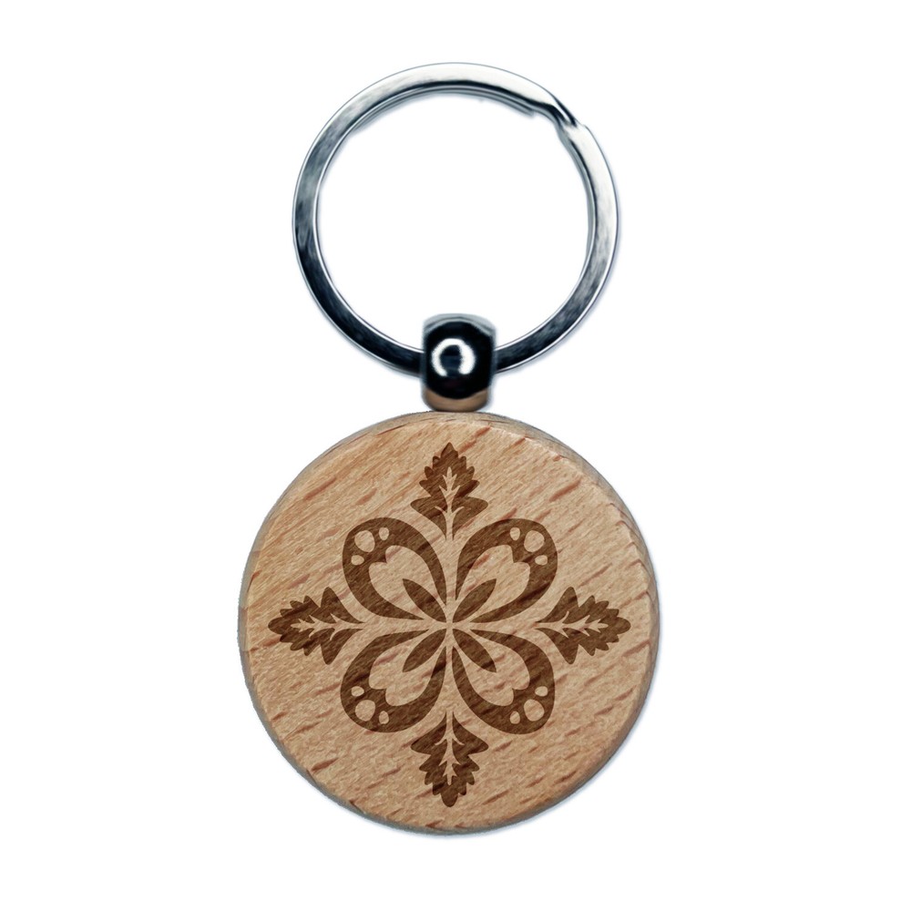 Forest Flower Petal Leaf Engraved Wooden Round Keychain Charm Tag