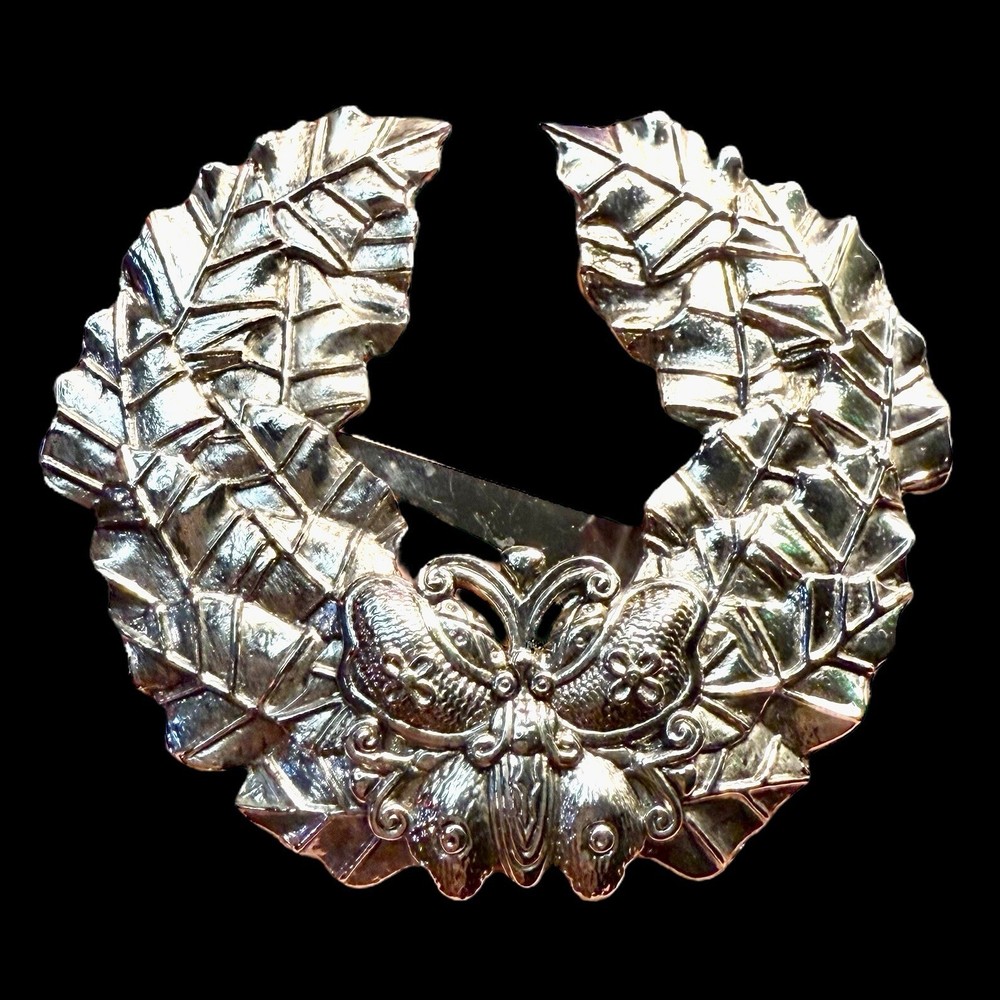 Vintage 90s Sylvia Dahl Butterfly Laurel Brooch Silver Tone Dress Clip